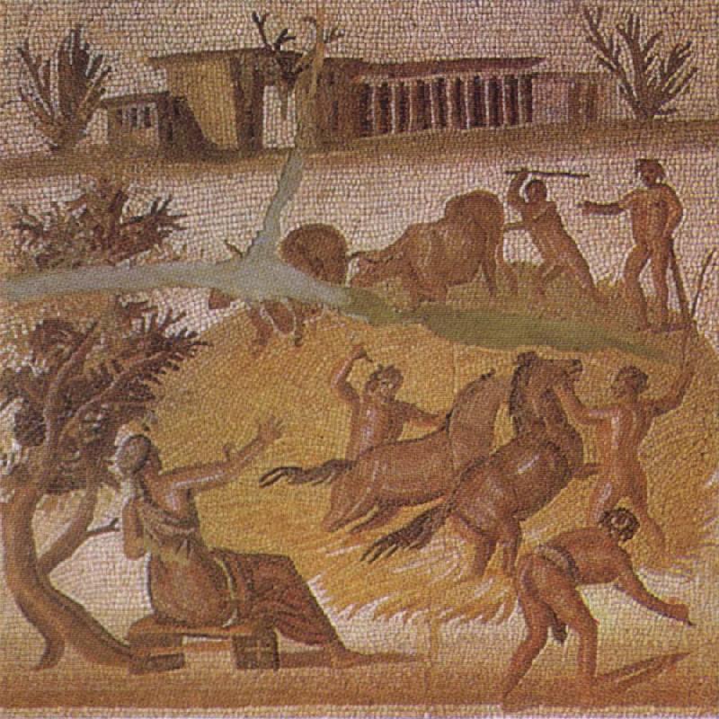 unknow artist Mosaic from the Roman villa at Zliten in Tripolitania showing horses and cattle threshing corn Germany oil painting art